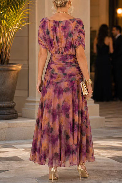 V Neck Ruched Floral Print Maxi Dress