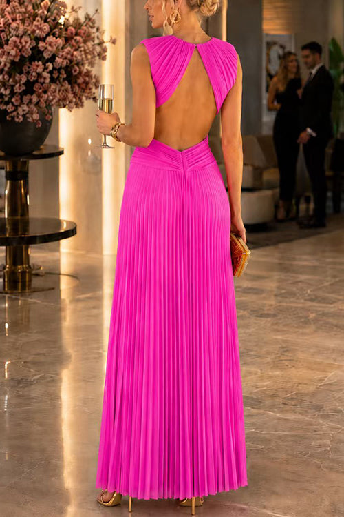 Crewneck Sleeveless Open Back Pleated Maxi Dress