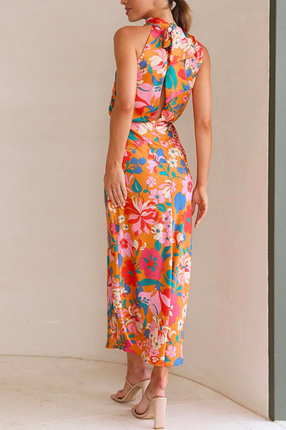 Rosiedress Tie Back Halter Sleeveless Waisted Maxi Floral Dress