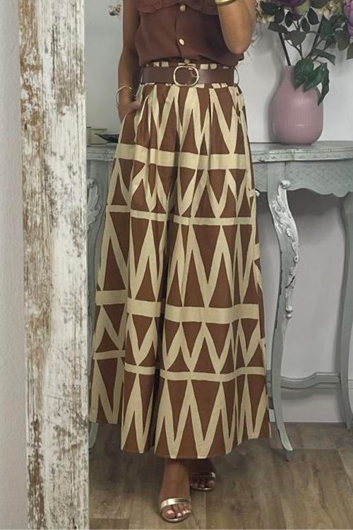 Rosiedress Pocketed Geometric Printed A-line Maxi Swing Skirt Khaki