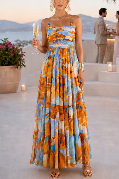 Spaghetti Strap Floral Print Ruffle Tiered Maxi Dress