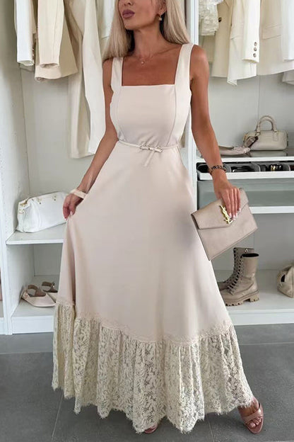 Square Neck Sleeveless Lace Splice Maxi Dress