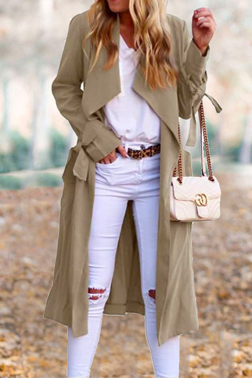 Drap Front Tie Waist Solid Fall Midi Cardigan Khaki