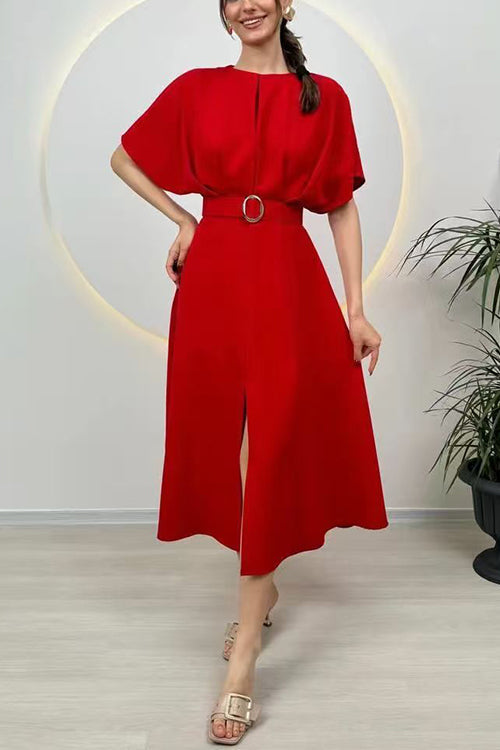 Crewneck Short Sleeves Belted Slit Midi Dress