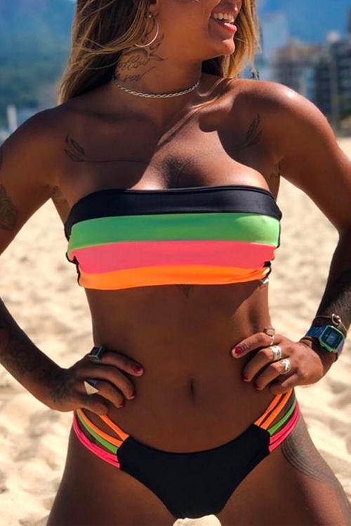 Rosiedress Rainbow Striped Tube Top Bandeau Bikini Set 1