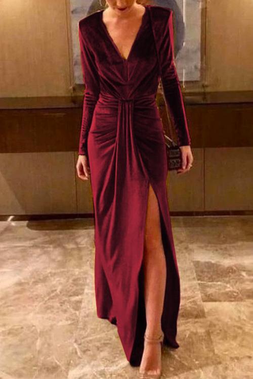 Rosiedress Deep V Neck Slit Ruched Velvet Party Dress(5 Colors Available) Burgundy