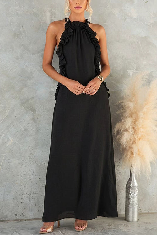 Sleeveless Linen Blend Ruffle Pocketed Maxi Dress