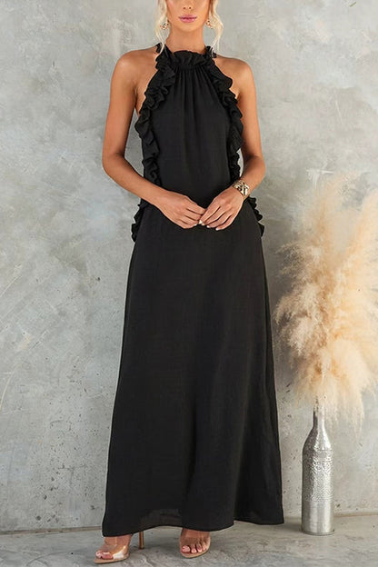 Sleeveless Linen Blend Ruffle Pocketed Maxi Dress