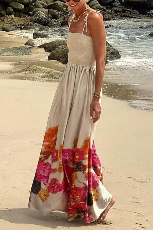 Rosiedress Bow Shoulder Smocked Floral Print Cami Maxi Vacation Dress