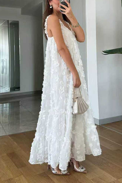 V Neck Sleeveless Flower Applique Ruffle Maxi Dress