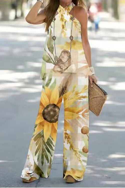 Rosiedress Criss Cross Halter Sleeveless Top Wide Leg Pants Printed Vacation Set Beige