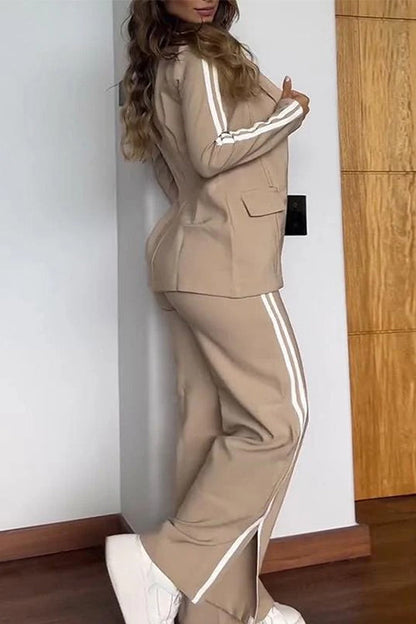 Rosiedress Color Block Open Front Blazer Elastic Waist Slit Wide Leg Pants Set