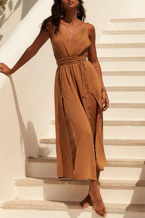 V Neck Backless Side Slit Midi Cami Dress