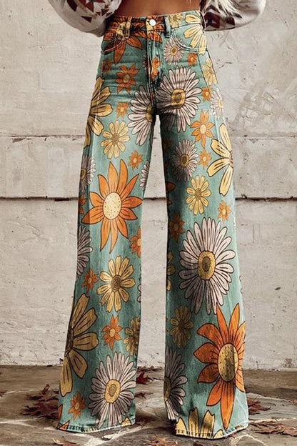 Vintage Floral Print Wide Leg Pants Green
