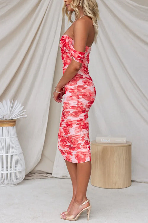 Off Shoulder Ruched Mesh Overlay Floral Midi Dress