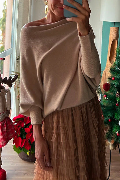 Rosiedress Boat Neck Batwing Sleeves Cozy Pullover Sweater Brown