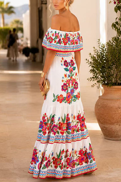 Off Shoulder Floral Print Ruffle Maxi Dress