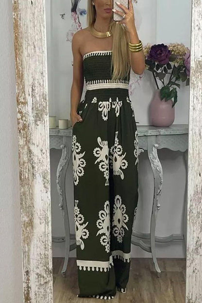 Off Shoulder Smocked High Waist Wide Leg Printed Jumpsuit Green