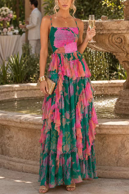Spaghetti Strap High Waist Printed Ruffle Maxi Dress