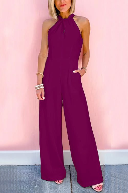 7 Colors Sleeveless Halter Waisted Wide Leg Jumpsuit Berry