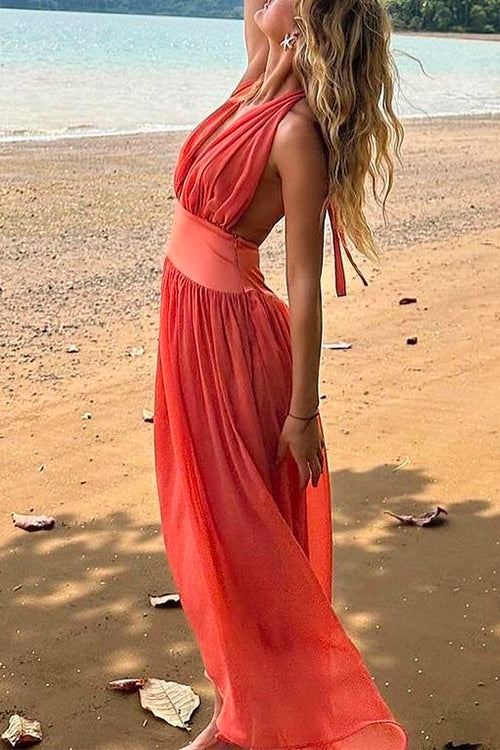 Rosiedress Deep V Neck Halter Backless Flowy Maxi Party Dress