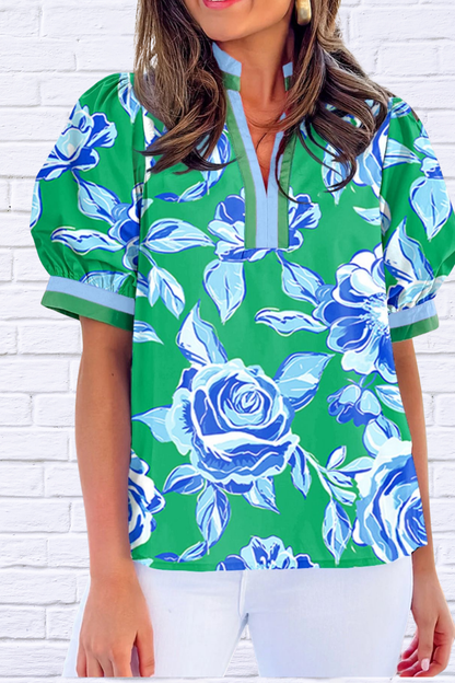 Bold Blue Floral Puff Sleeve Blouse