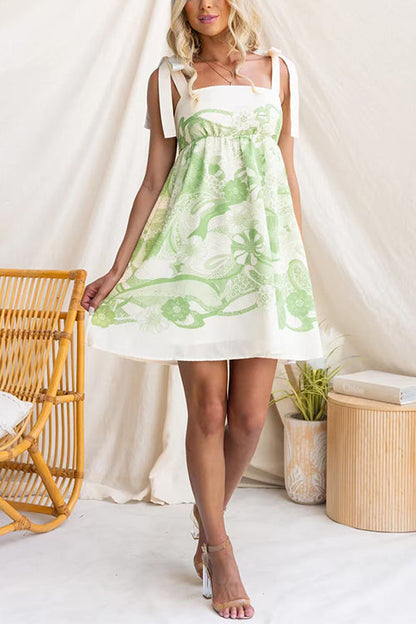 Bow Shoulder Sleeveless High Waist Floral Print Mini Dress