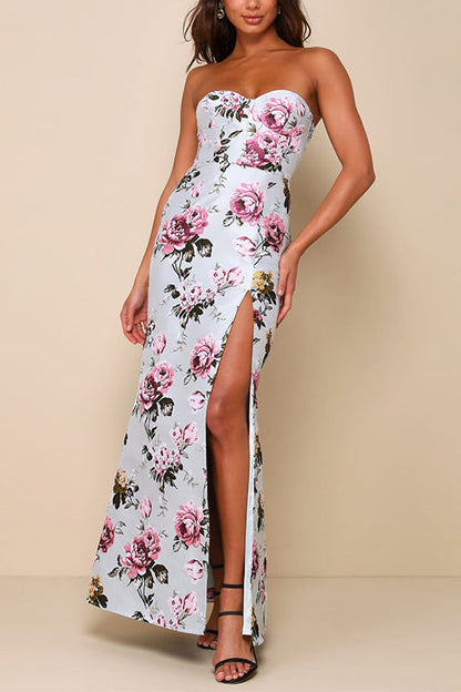 Strapless Waisted Slit Floral Print Maxi Dress