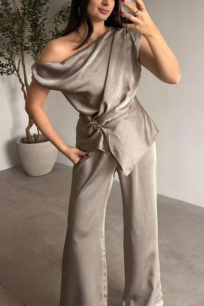 Asymmetrical Shoulder Ruched Top Straight Leg Pants Satin Set