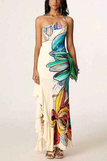One Shoulder Sleeveless Floral Print Ruffle Hem Maxi Dress