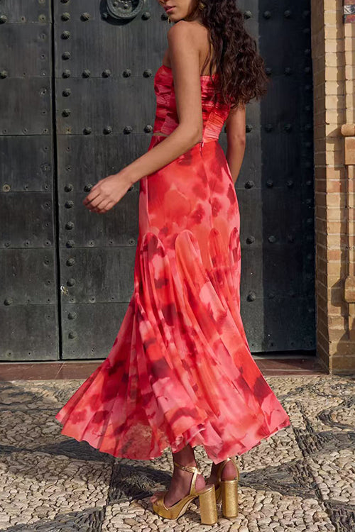 Off Shoulder Ruched Crop Top High Rise Maxi Skirt Printed Set