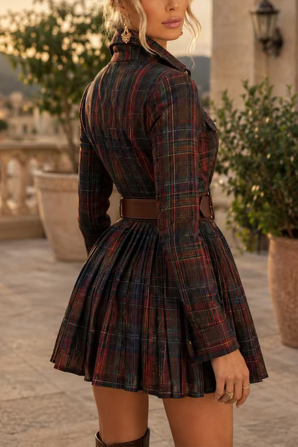 Lapel Long Sleeves Button Up Plaid Mini Dress