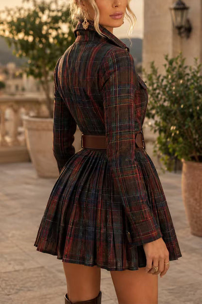 Lapel Long Sleeves Button Up Plaid Mini Dress