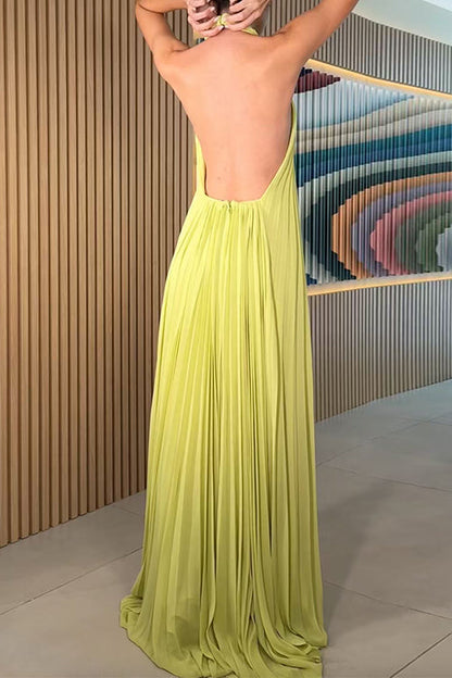 Halter Neck Open Back Pleated Maxi Dress