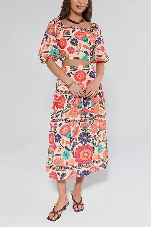 High Rise Floral Print Midi Skirt