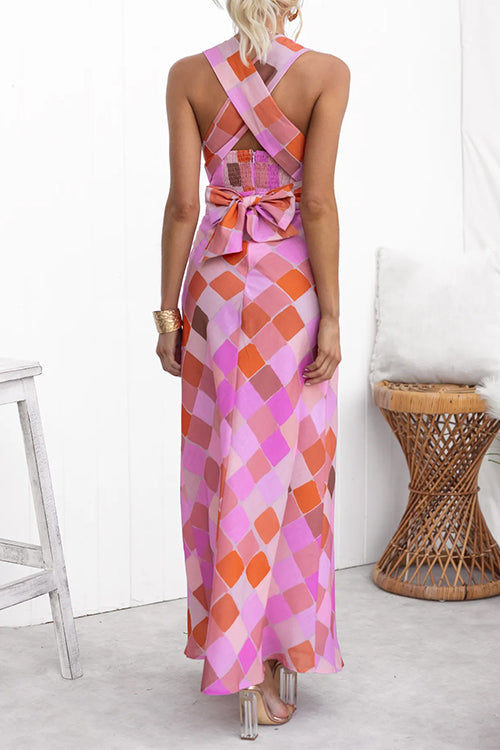 Criss Cross Bow Back Sleeveless Plaid Maxi Dress