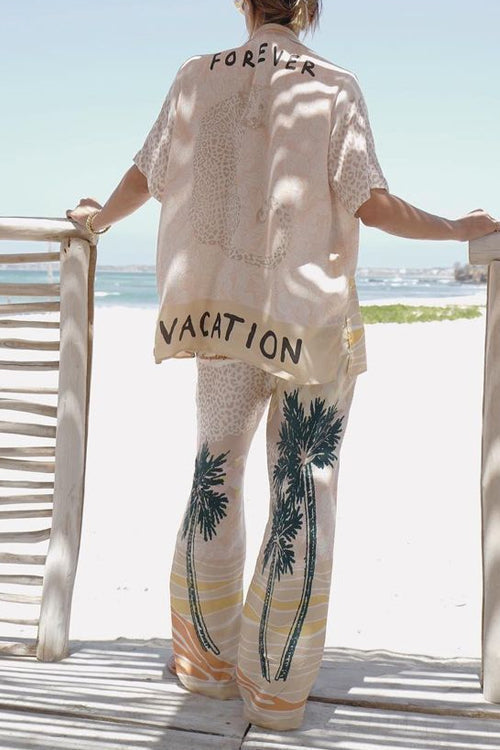 Tropic Print Collared Button Down Shirt and Straight Leg Pants Vacation Set