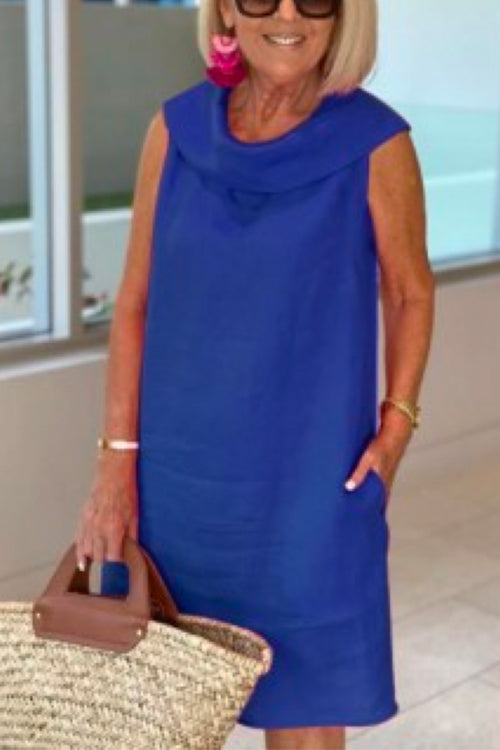Solid Sleeveless Cotton Linen Loose Dress Blue