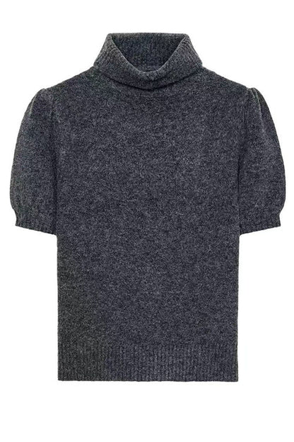 High Neck Puff Short Sleeves Sweater Top
