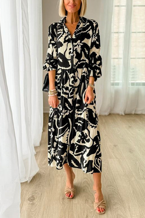 Elegant Long Sleeves Printed Midi Swing Dress Black