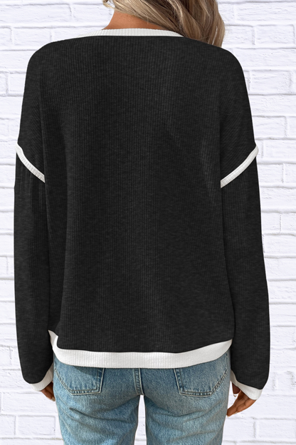 Ribbed Contrast Trim Long Sleeve Top