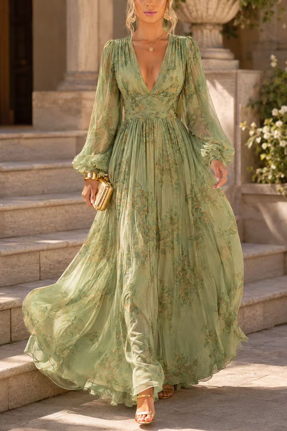 Puff Long Sleeves Waisted Floral Print Maxi Dress