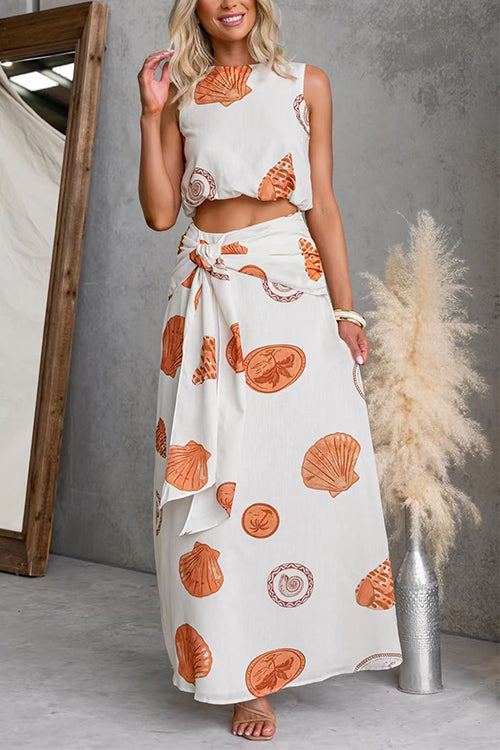 Sleeveless Crop Top Tie Knot Waist Maxi Skirt Shell Print Set
