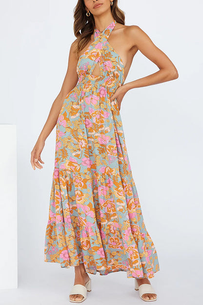 Rosiedress Criss Cross Halter Backless Cut Out Slit Floral Maxi Dress