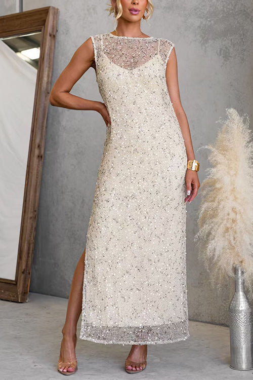 Sleeveless Side Slit Sequin Maxi Dress with Inner Lining