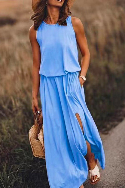 Sleeveless Waisted Slit Maxi Tank Dress LightBlue