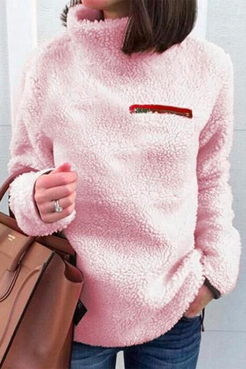 Turtleneck Long Sleeve Zip Fuzzy Pullovers Pink