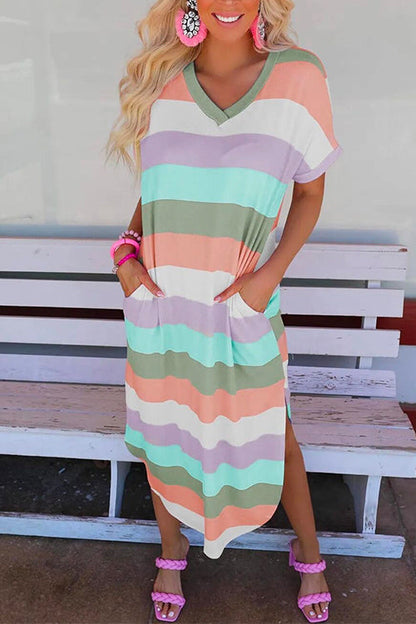 Curve Hem Side Split Rainbow Stripes Midi Dress Green