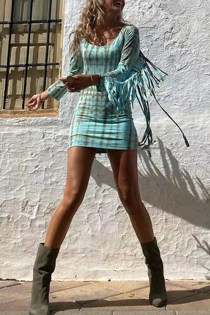 Rosiedress Tie Dye Long Sleeves Tassle Mini Dress Blue