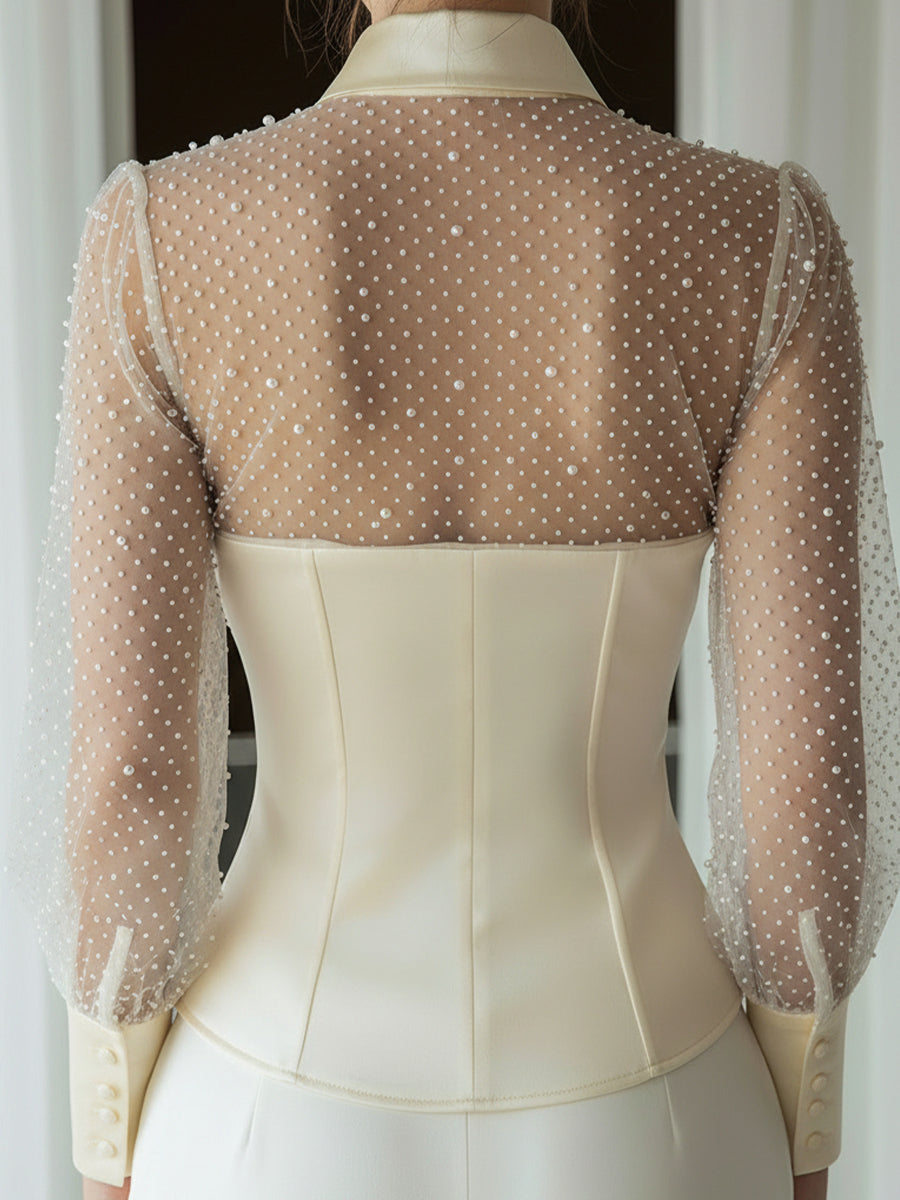 Pearl-Embellished Sheer Sleeve Structured Blouse